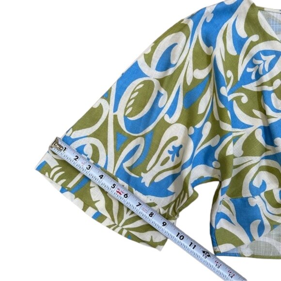 ZARA Linen Blend Crop Top Boho Print Knot Front Blouse Multicolor sky blue XS - Picture 9 of 11